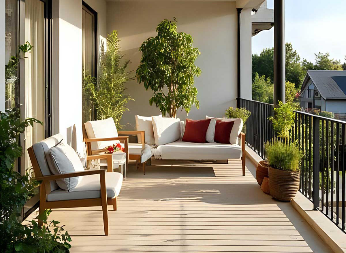 Fotorealistische 3D-Visualisierung Penthouse-Terrasse mit Lounge-Möbeln für Immobilienmarketing und Virtual Staging