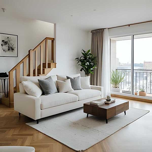 Fotorealistische 3D-Visualisierung einer Maisonette-Wohnung mit Virtual Staging für Immobilienentwickler und Makler