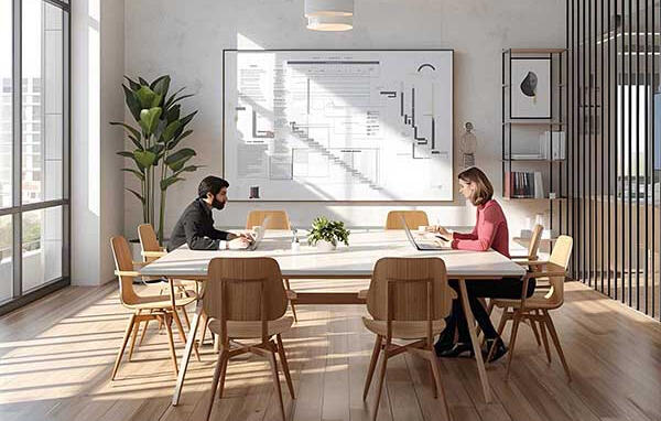 Workplace Consulting Visualisierung: 3D-Darstellung offener Besprechungsbereich mit Flächenplanung für Bürotransformation