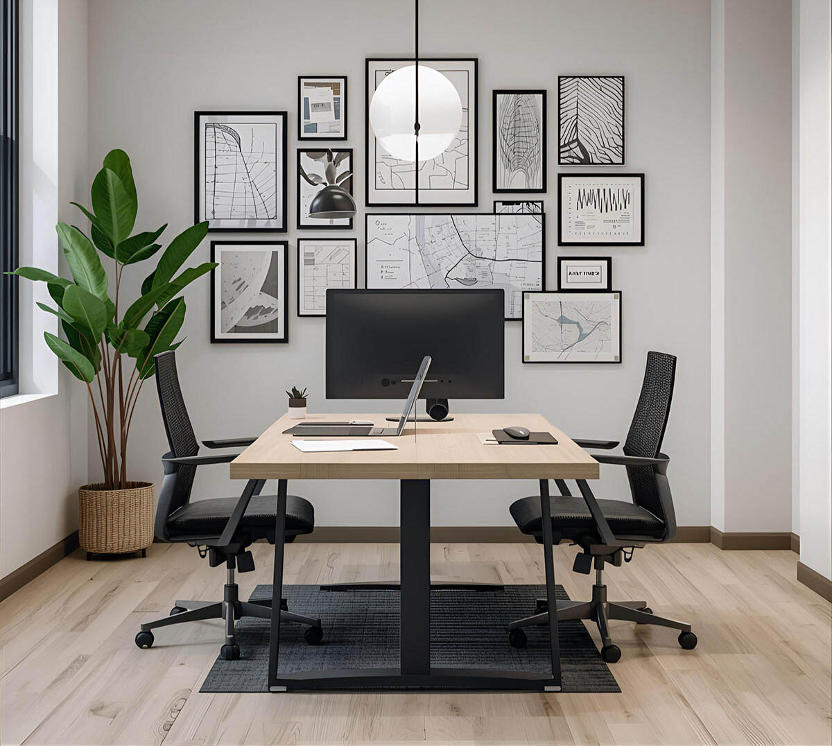 Workplace Design 3D-Visualisierung: Modernes Einzelbüro mit Flächenplanungs-Konzept für Bürotransformation und Change Management