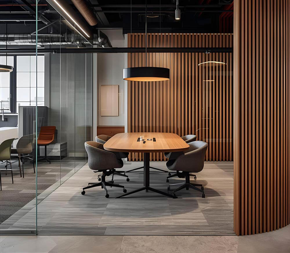 Modernes Workplace Design: Besprechungsraum mit Holzlamellen-Akustikwand, Glastrennwänden und Industrial-Decke für flexible Meetingzonen
