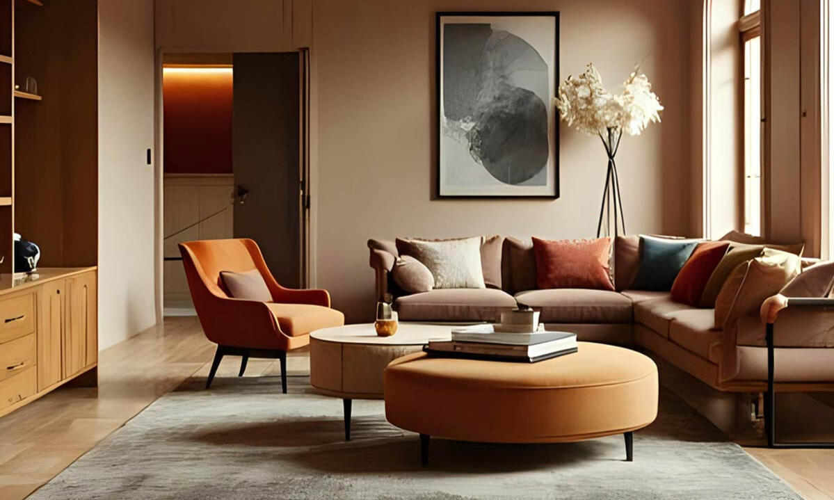 3D-Möbelvisualisierung: Elegantes Wohnzimmer mit Sofa, Polstersesseln und rundem Ottoman in warmen Erdtönen für Premium-Produktkatalog