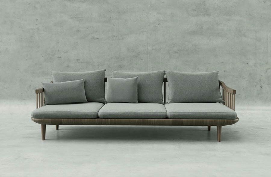 3D-Produktvisualisierung: Elegantes Sofa in Mintgrün mit Holzdetails für E-Commerce-Katalog